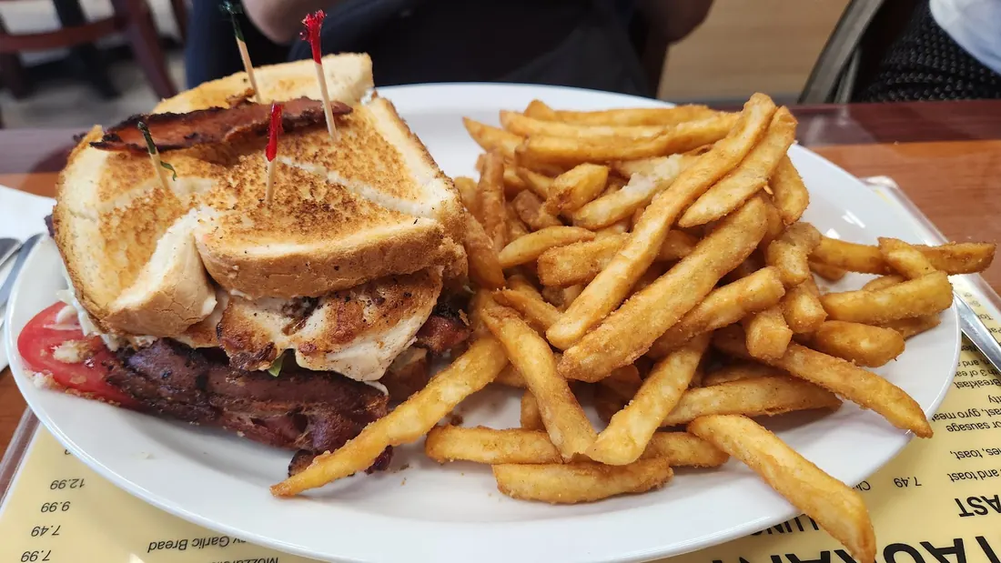 A toasted club sandwich with a pile of fries on a white plate